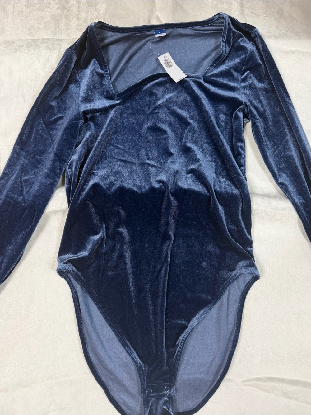 Velvet Long Sleeve Bodysuit in Deep Blue